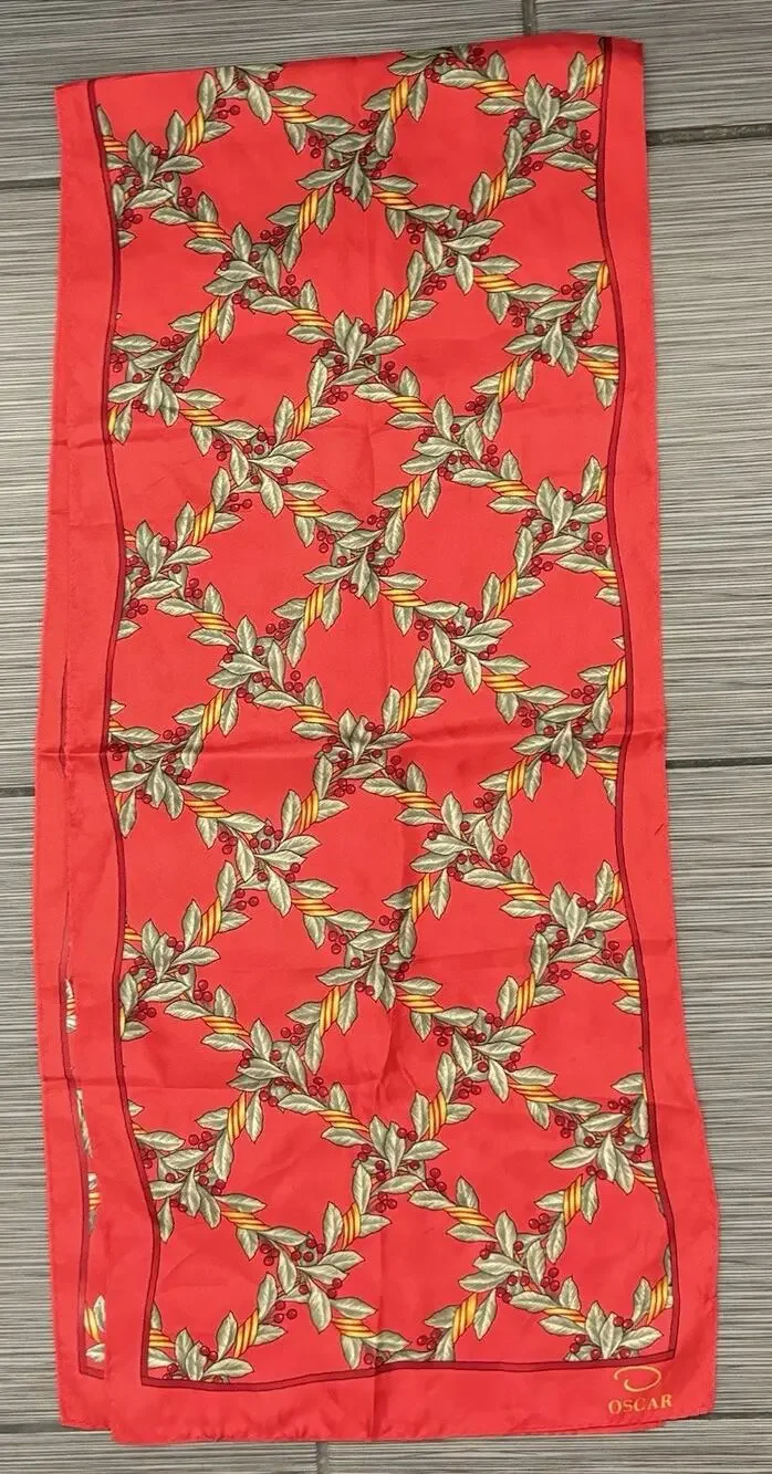 Vintage Oscar de la Renta Silk Scarf Red Holly Berry Holiday Print 54x11 Luxury